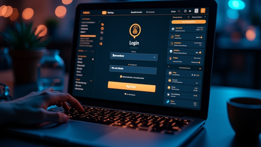 Dunkler Casino-Bildschirm mit Login-Formular auf einem Laptop und gedämpftem Neonlicht