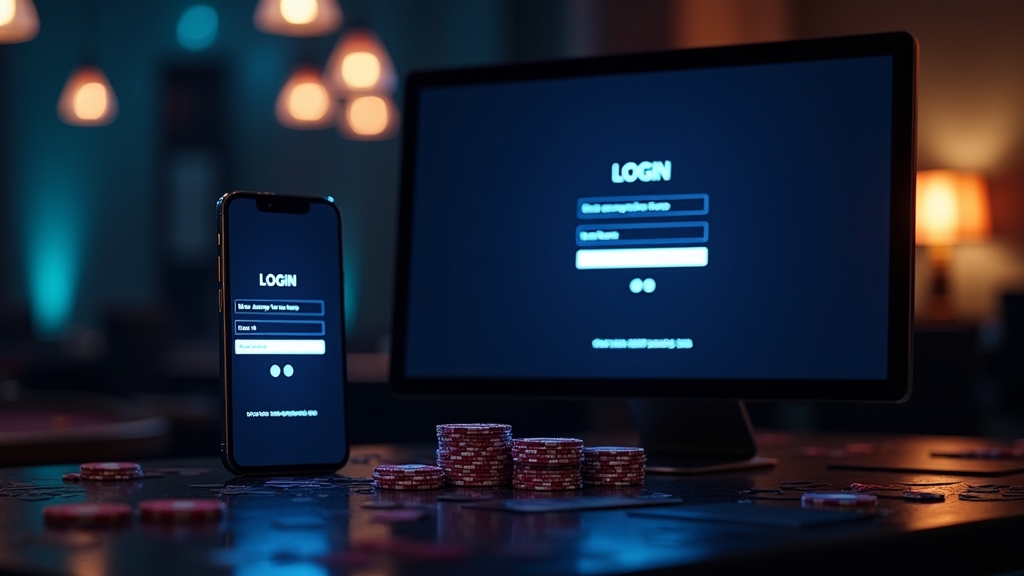 Smartphone und Desktop mit Login-Formular in dunkler Casino-Atmosphäre