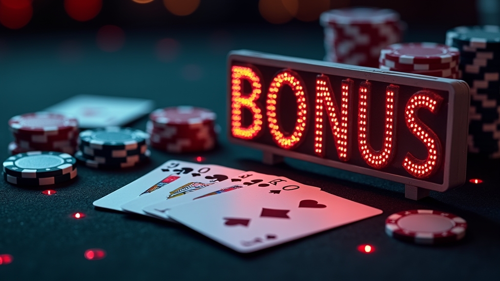 Dunkle Casino-Szene mit Bonusanzeige, Chips und Spielkarten