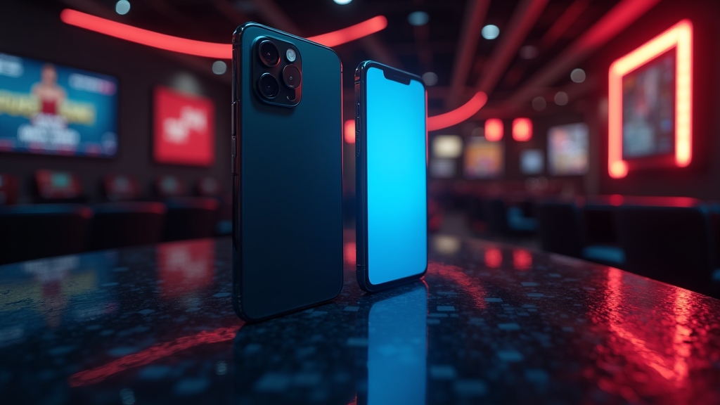 Android- und iPhone-Smartphone beim App-Download in dunkler Casino-Umgebung