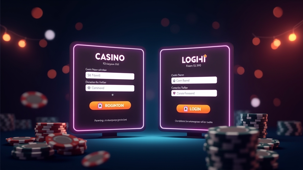 Geteilte Casino-Darstellung mit Registrierungsformular und Login-Feld auf dunklem Hintergrund